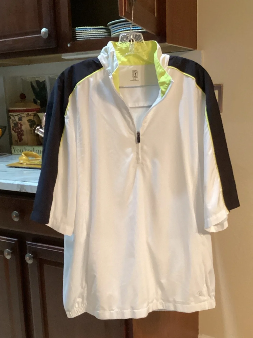 PGA Tour White Quarter-Zip Polo with Black Sleeves and Lime Accents
